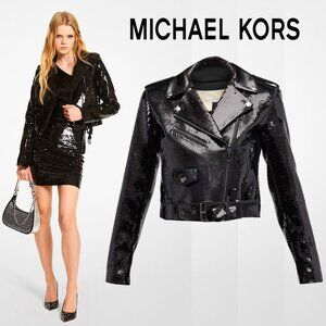 💋ABSOLUTELY STUNNING!💋MICHAEL Michael Kors Sequined Crepe Moto Jacket in Black